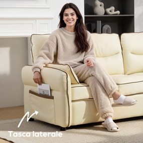 Divano 3 Posti 190x83x90 cm con Imbottitura Spessa Tasca Laterale e 2 Cuscini in Finta Pelle Beige...