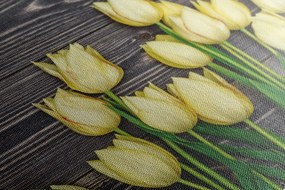 Quadro su tela – Incantevoli tulipani gialli su sfondo di legno