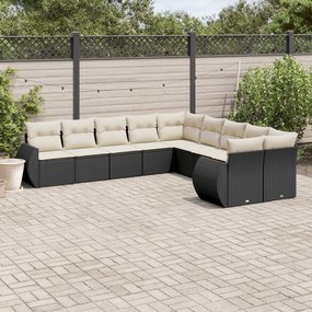 Set divani da giardino 10pz con cuscini in polyrattan nero