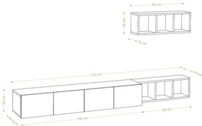 Mobile Porta TV Sospeso 215 Cm Bianco Con Mensole Effetto Legno Pia