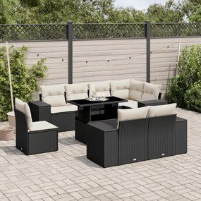 Set divani da giardino 9 pz con cuscini nero in polyrattan