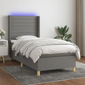 Letto a Molle Materasso e LED Grigio Scuro 90x200 cm in Tessuto