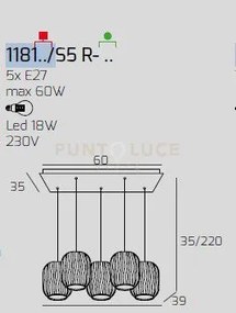 Sospensione cromo 5 luci rettangolare vetri 2x tr + 3x bf 1181cr-s5...