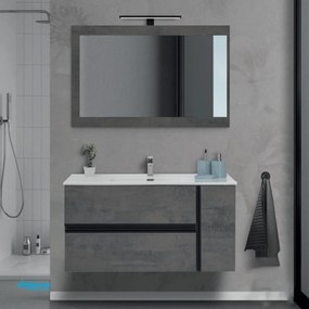 Mobile Bagno Sospeso "Oxid" Da 112 Cm Composto Da Due Cassetti Ed Un'Anta Lavabo E Specchio Finitura Ossido Grigio