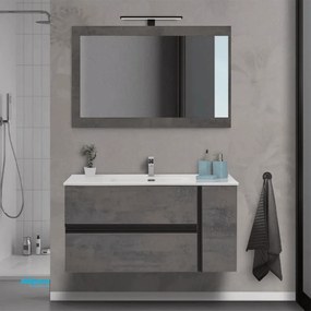 Mobile Bagno Sospeso "Oxid" Da 110 Cm Composto Da Due Cassetti Ed Un'Anta Lavabo E Specchio Finitura Beton Cenere