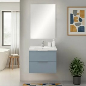 Mobile bagno sospeso 60cm azzurro polvere con cassetti lavabo e specchio Elva