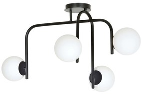 Lampadario 4 Luci Rama In Acciaio Nero A Bracci E Sfere In Vetro Opalino