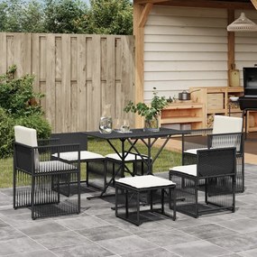 Set da pranzo da giardino 7 pz nero con cuscini in polyrattan