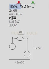 Sospensione bianco 2 luci spostabile vetri tr + fu 1184bi-s2 s-tf