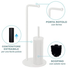 Piantana bagno portascopino e portarotolo design moderno in acciaio bianco