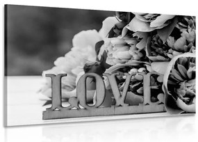 Stampa su tela – Peonie con scritta Love in bianco e nero