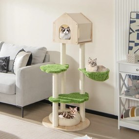 Costway Albero per gatti carino di 139cm con tiragraffi in sisal piattaforme di salto, Torre multi-livello in legno Verde