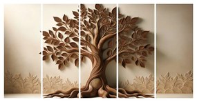 Quadri 5 pezzi – Albero della vita marrone con effetto 3D