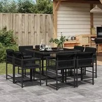 Set da Pranzo da Giardino 9 pz con Cuscini Nero in Polyrattan 3211555