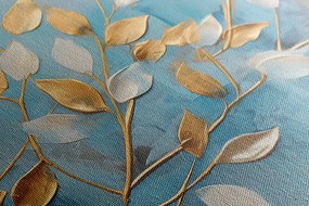Quadro su tela – Foglie oro-bianche su sfondo blu