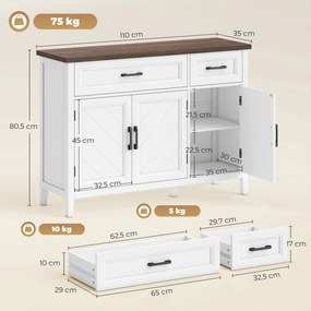 Credenza da Cucina 110x35x80,5 cm con 3 Ante a Fienili 2 Cassetti e 2 Ripiani Regolabili in Legno Bianco...
