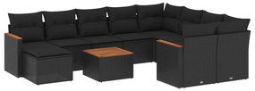 Set divani da giardino 11 pz con cuscini in polyrattan nero