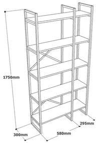 Libreria Industrial 2 Sezioni E 5 Ripiani Ferro E Legno 87x30x175 Voyage