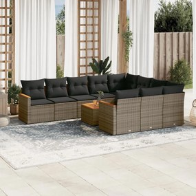 Set divani da giardino 11 pz con cuscini in polyrattan grigio