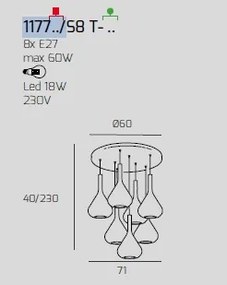 Sospensione cromo 8 luci tonda vetri 4x tr + 4x am 1177cr-s8 t-ta