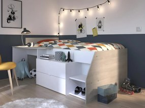 Letto con scrivania e scomparti 90 x 200 cm Bianco e Naturale + Rete - GISELE