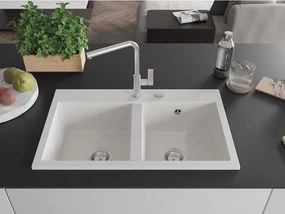 Mexen Hektor lavello in granito a 2 vasche 800 x 480 mm, bianco, sifone cromato - 6521802000-20