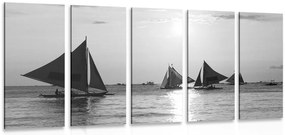 Quadri 5 pezzi – Splendido tramonto sul mare in bianco e nero