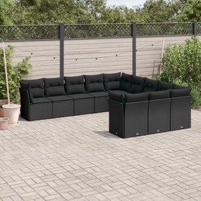 Set divani da giardino 11 pz con cuscini in polyrattan nero