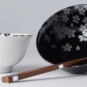 Set di 2 ciotole e bacchette in ceramica bianca e nera Sakura - MIJ