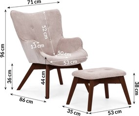 Poltrona con poggiapiedi rosa chiaro con rivestimento in velluto a coste Niko – Ropez