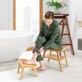 Costway Set sgabello di bambù per doccia e poggiapiedi, Sgabello doccia con ripiano sottostante per bagno Naturale