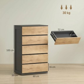 Cassettiera 5 Cassetti 60x39x100 cm con Guide in Metallo e Maniglie Scanalate in Legno Nero e Rovere...