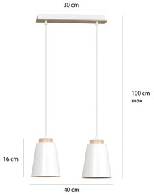 Lampadario 2 Luci Bolero Con Paralumi A Cono In Acciaio Bianco E Legno Naturale