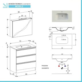 Mobile bagno a terra 80 cm Master grigio con lavabo e specchio contenitore