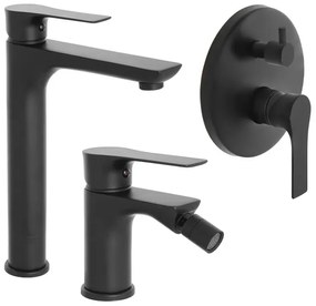 Set miscelatori lavabo alto bidet e doccia con deviatore Flat nero opaco