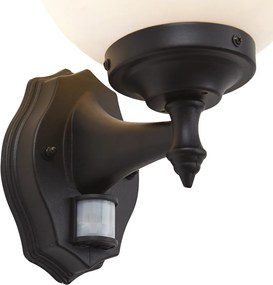 Lampada da parete classica da esterno nera con vetro opale IP44 con sensore di movimento - Champs