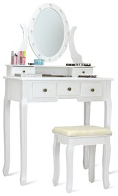Costway Set di toletta a specchio con sgabello e cassetti Tavolo da trucco in legno con LED 80x40x142cm Bianco