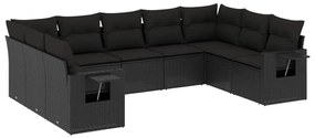 Set divani da giardino 9 pz con cuscini nero in polyrattan