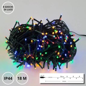 Catenaria Natalizia LED 8 GIOCHI DI LUCE 18m Cavo VERDE IP44 MULTICOLOR Colore Multicolor