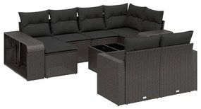 Set divani da giardino 11 pz con cuscini in polyrattan nero