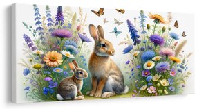 Quadro su tela – Fiori di campo e coniglietti tra le farfalle