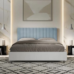Letto contenitore da 160x200 in legno bianco e testata in microfibra azzurro Kaia