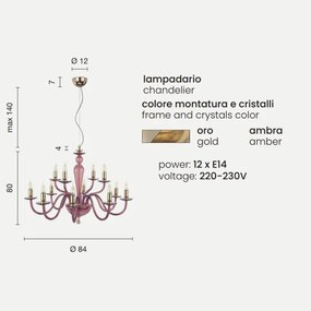 Lampada a sospensione PAGANINI a 12 LUCI in vetro lavorato a mano AMBRA