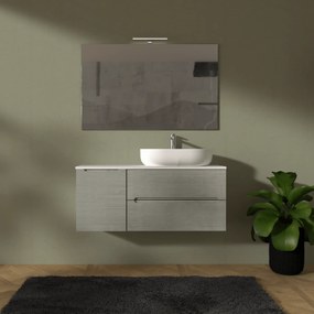 Mobile Bagno Sospeso Cannettato 120 Cm Due Cassetti Un'Anta e Top Specchio Con Lampada Led 70x120 Cm AdattoCasa "Rigo" Grigio Caldo/Bianco Neve