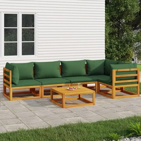 Set salotto da giardino 6pz con cuscini verdi in legno massello