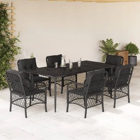 Set da pranzo da giardino 7 pz nero con cuscini in polyrattan