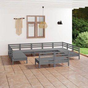 Set Salotto da Giardino 11 pz Grigio in Legno Massello di Pino