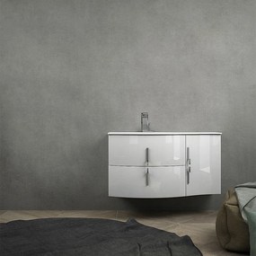 Mobile da bagno sospeso 105 cm Bianco lucido con lavabo a destra