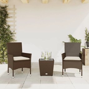 Set Bistrò 3 Pz Con Cuscini Marrone Polyrattan E Vetro /
