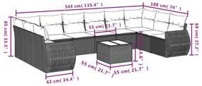 Set divani da giardino 11 pz con cuscini in polyrattan grigio